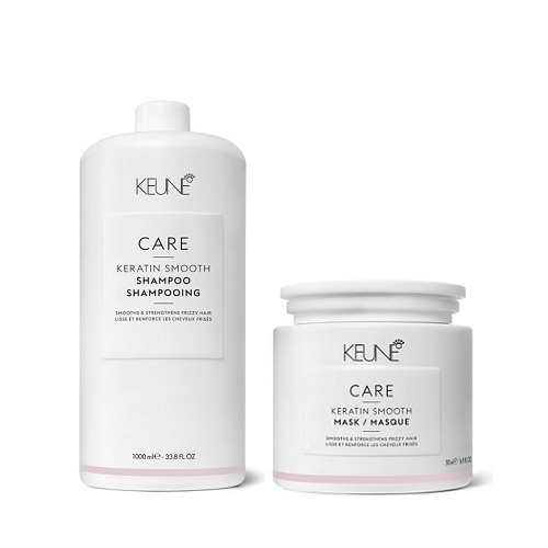 Keune Care Keratin Smoothing nepaklusnių plaukų priežiūros rinkinys (1000 + 500 ml.) + dozatorius